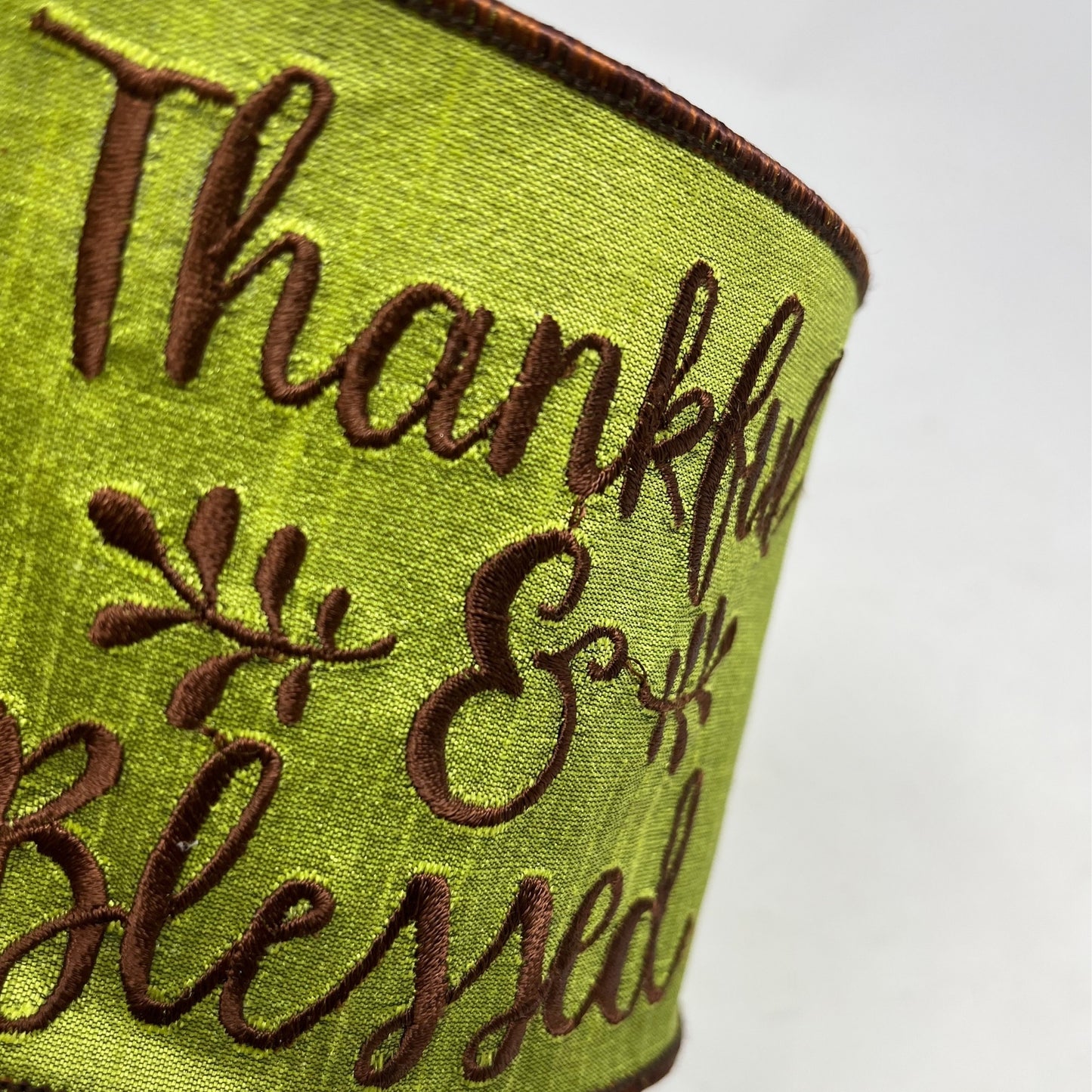 Lemongrass Faux Dupioni "Thankful and Blessed" Brown Embroidery Ribbon with Brown Edge 4" x 10yd