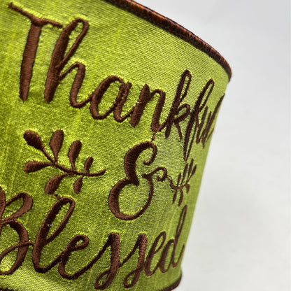 Lemongrass Faux Dupioni "Thankful and Blessed" Brown Embroidery Ribbon with Brown Edge 4" x 10yd