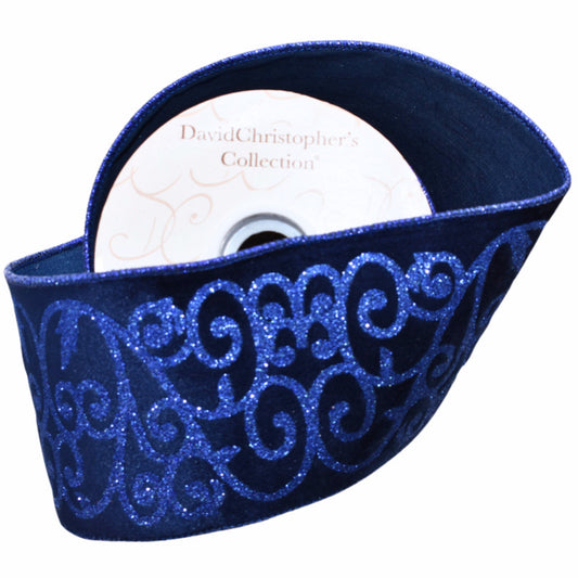 Navy Velvet Ribbon w/ Glitter Swirl 4" X 10yd | IR