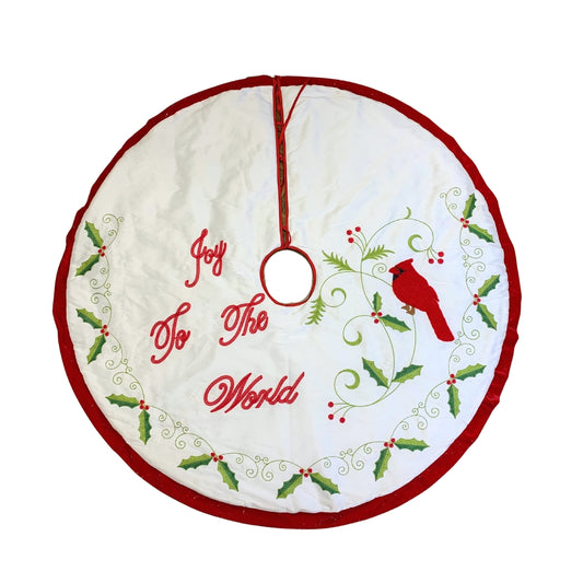 60" ROUND JOY TO THE WORLD EMBROIDARY ON WHITE DUPION TREE SKIRT | IR