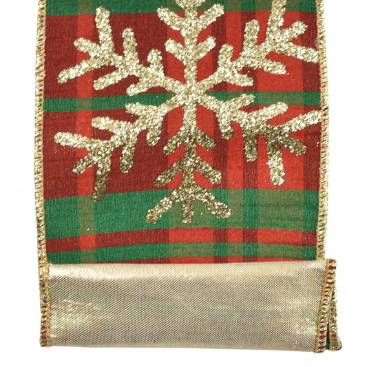 Red/Green Checkered Plaid Ribbon w/ Golden Glittered Snowflakes 4” x 10yd | IR