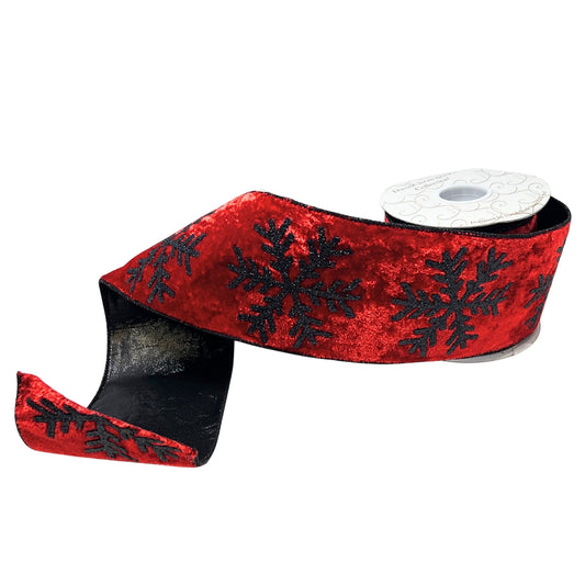 Velvet Red Ribbon with Glittered Black Snowflakes and Black Backing 4" x 10YD | IRC22