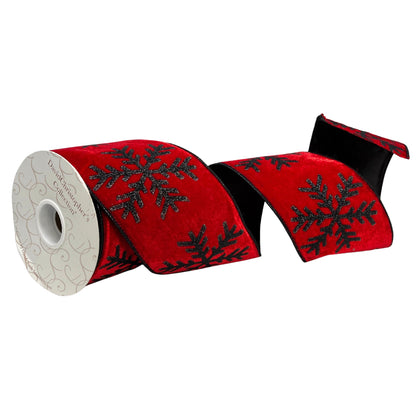 Velvet Red Ribbon with Glittered Black Snowflakes and Black Backing 4" x 10YD | IRC22