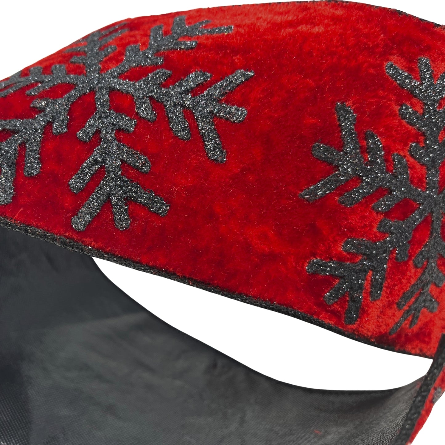 Velvet Red Ribbon with Glittered Black Snowflakes and Black Backing 4" x 10YD | IRC22