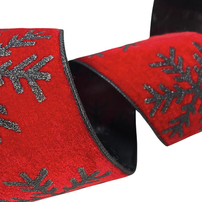 Velvet Red Ribbon with Glittered Black Snowflakes and Black Backing 4" x 10YD | IRC22