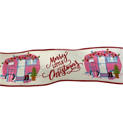 4”X10YD Merry Little Christmas with pink bus embroidery on white dupioni with white dupioni back red