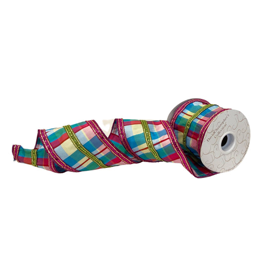 Blue Multi Plaid Ribbon w/ pink sequin edge 4” x 10yd | IR