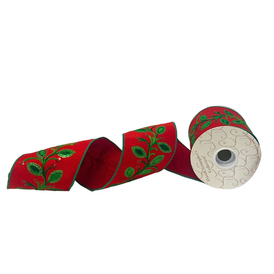 Green Leaf Chain Embroidery on Red Dupioni Ribbon w/ Red Dupioni back/Green edge 4” x 10yd | IR