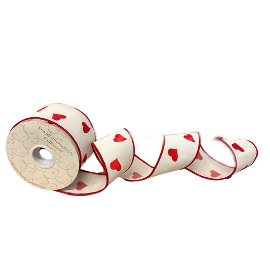 Red heart embroidery on white Dupioni Ribbon w/ White sheer back/Red edge 2.5” x 10yd | IR