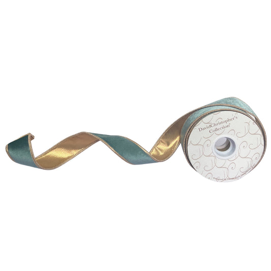 Celadon velvet Ribbon w/ rose gold lame back and rose gold edge 1.5” x 10yd | IR