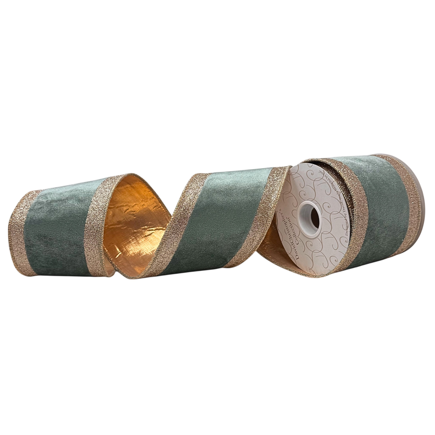4”X10 YD Celadon Velvet ribbon with rose gold glitter stripe on the edge with rose gold lame back an