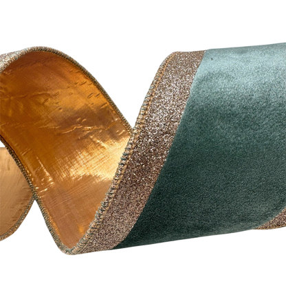 4”X10 YD Celadon Velvet ribbon with rose gold glitter stripe on the edge with rose gold lame back an