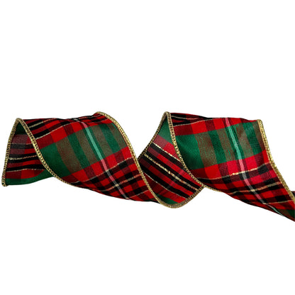 Traditional Christmas Plaid Ribbon w/ Gold Edge Ribbon 2.5”X10YD | IR