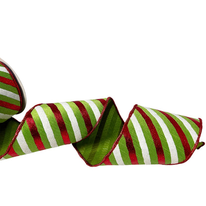 Lime/Red/White Faux Dupioni Stripe Ribbon 4” x 10yd | IR