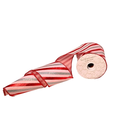 Pink/Red/Silver Faux Dupioni Stripe Ribbon 4”X10YD | IR