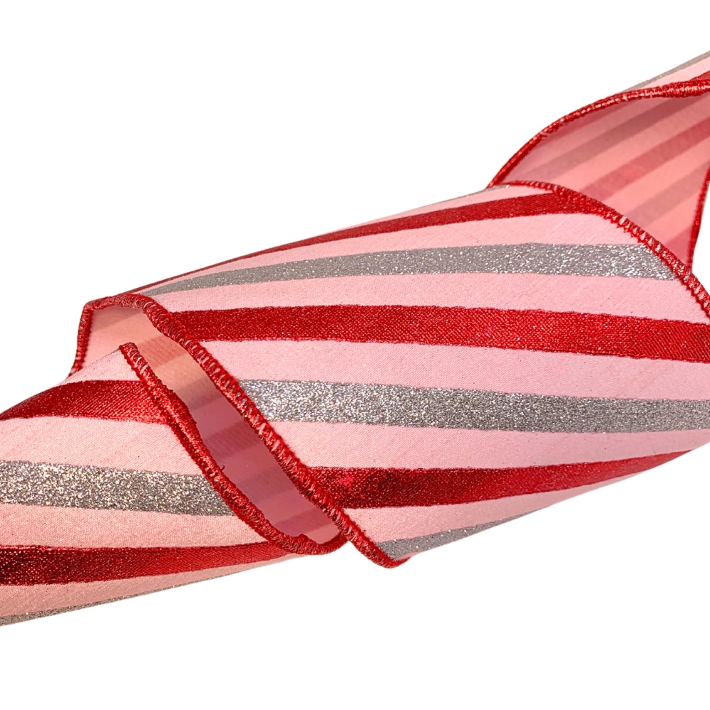 Pink/Red/Silver Faux Dupioni Stripe Ribbon 4”X10YD | IR