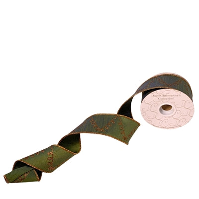 Green Faux Dupioni with Swirl Copper Tree Ribbon 2.5”X10YD | IR