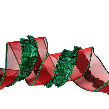 Red Sheer Emerald Ruffle Center Ribbon 4”X10YD | IR