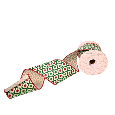 White Faux Dupioni Red/Green Dot Ribbon 4”X10YD | IR