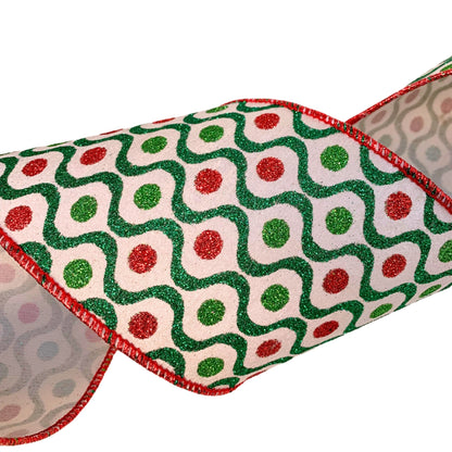 White Faux Dupioni Red/Green Dot Ribbon 4”X10YD | IR