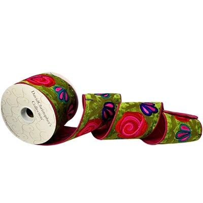 Green Velvet Multi Floral Print Ribbon 4”X10YD| IR