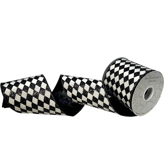 White Velvet w/ Black Glitter Diamond Pattern Ribbon 4” x 10yd | IR