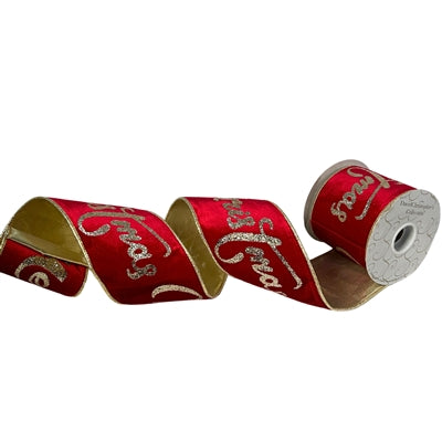 Plush Red Velvet Gold "Merry Christmas" Glitter Ribbon 4"X10YD | IR