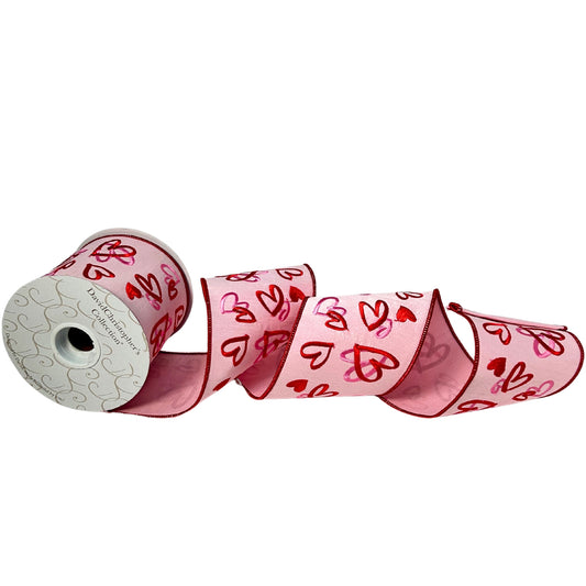 Pink Faux Dupioni w/ Embroidered Pink and Red Hearts Ribbon 4” x 10yd | IR