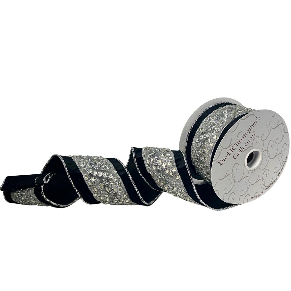 Royal Black Velvet Silver Jewel Center Ribbon 4"X10YD | IR