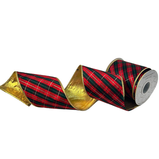 Red/Green/Black Gold Back Plaid Ribbon 4”X10YD| IR