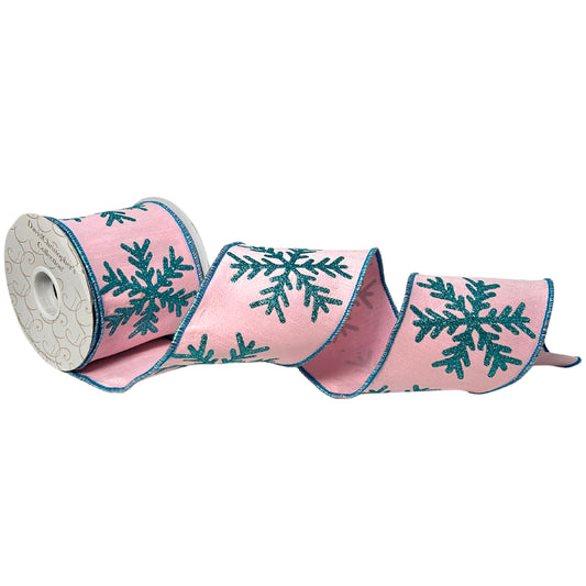 Pink Faux Dupioni w/ Turquoise Snowflake Ribbon 4”X10YD | IR