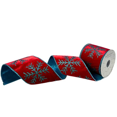 Red Velvet w/ Glitter Turquoise Snowflake Ribbon 4”X10YD| IR