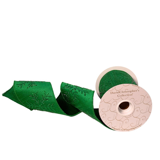 Emerald Faux Dupioni Jewel Snowflake Ribbon 4"X10YD | IR