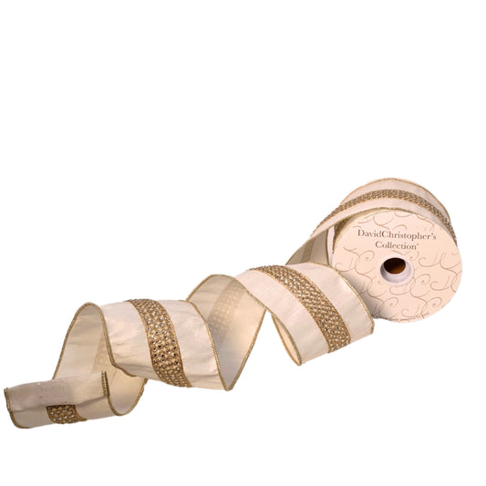 Ivory Faux Dupioni w/ Rhinestone Center Stripe Ribbon 4” x 10yd | IR