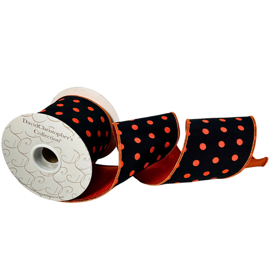 4”X10YD Black Faux Dupioni Orange Dot Ribbon | IR