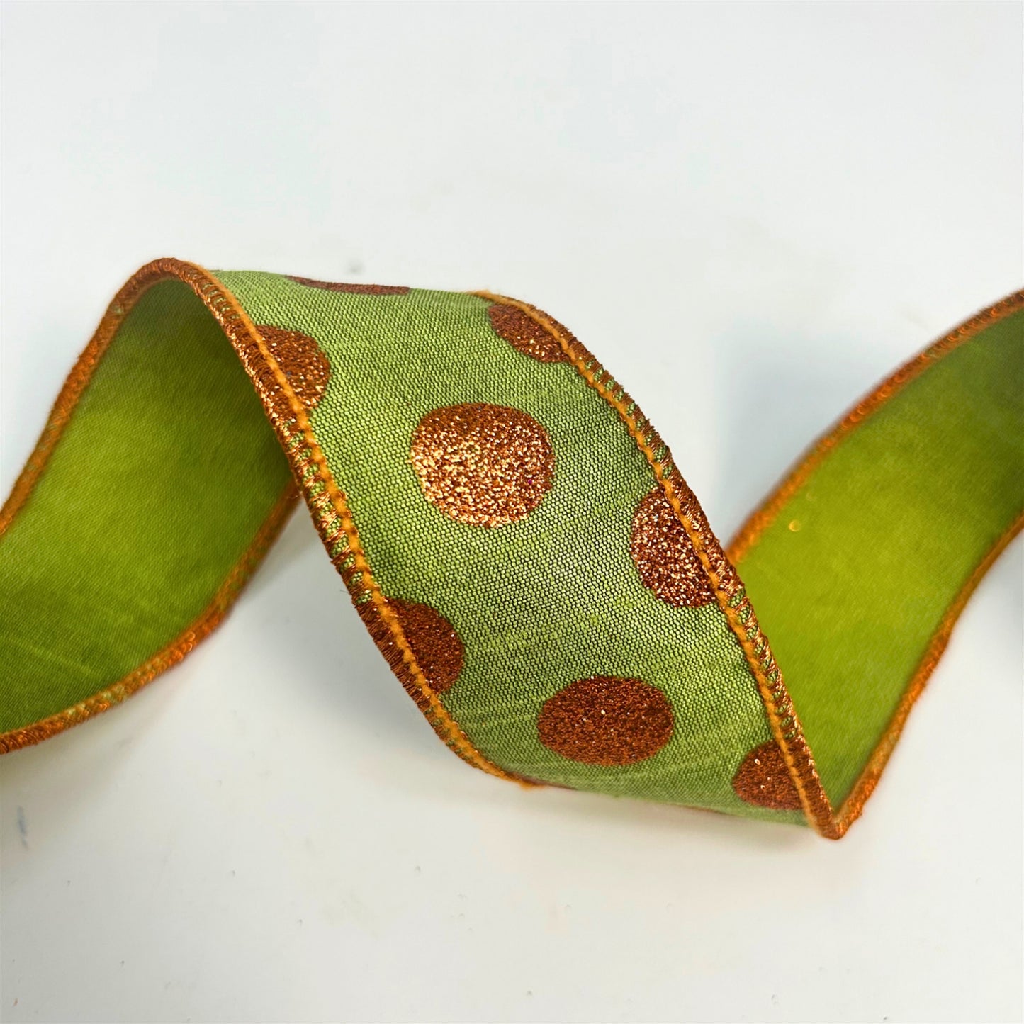 Green Ribbon with Orange Glitter Dots 1.5'' X10 YD