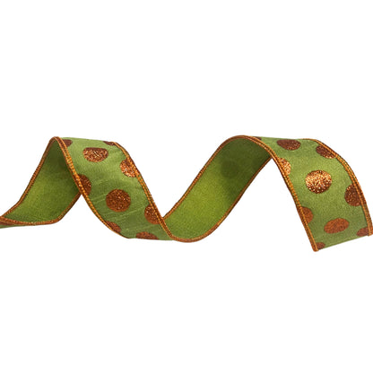 Green Ribbon with Orange Glitter Dots 1.5'' X10 YD