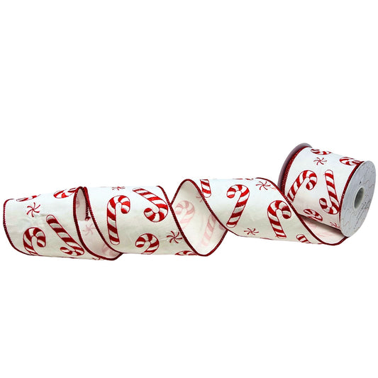 Candy Cane Embroidery on White Ribbon 4" x 10yd | IR