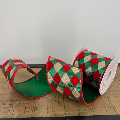 Red/Green/Gold Diamond Print Ribbon 4" x 10yd | IR