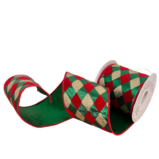 Red/Green/Gold Diamond Print Ribbon 4" x 10yd | IR