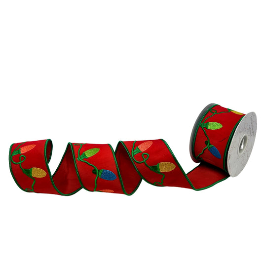 Christmas Light Embroidery on Red Faux Dupioni Ribbon 2.5" x 10yd | IR