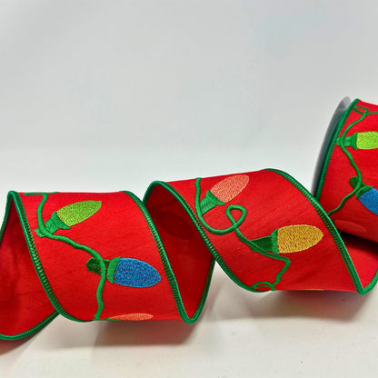 Christmas Light Embroidery on Red Faux Dupioni Ribbon 2.5" x 10yd | IR