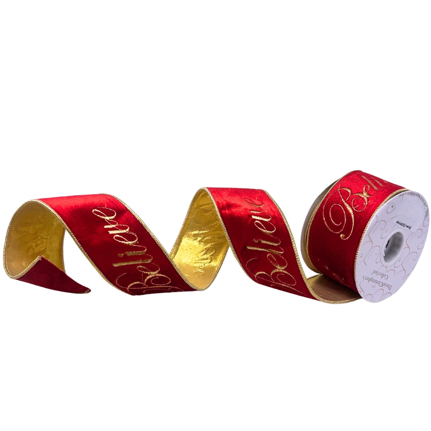 Believe Embroidery on Red Velvet Ribbon 2.5” x 10yd | IR