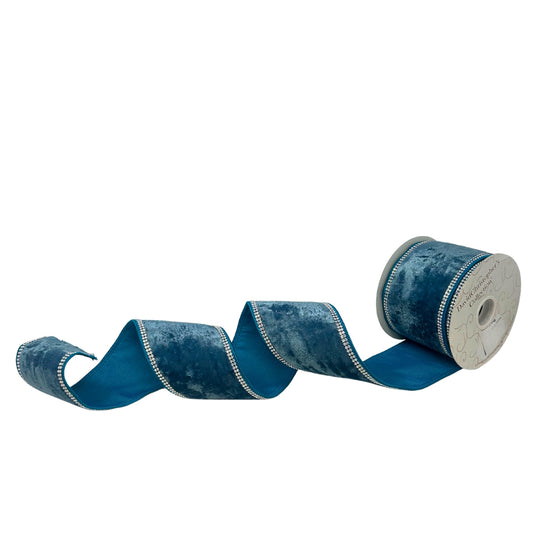 Tranquil Blue Velvet Ribbon with Rhinestone Trim 4” x 10yd | IR