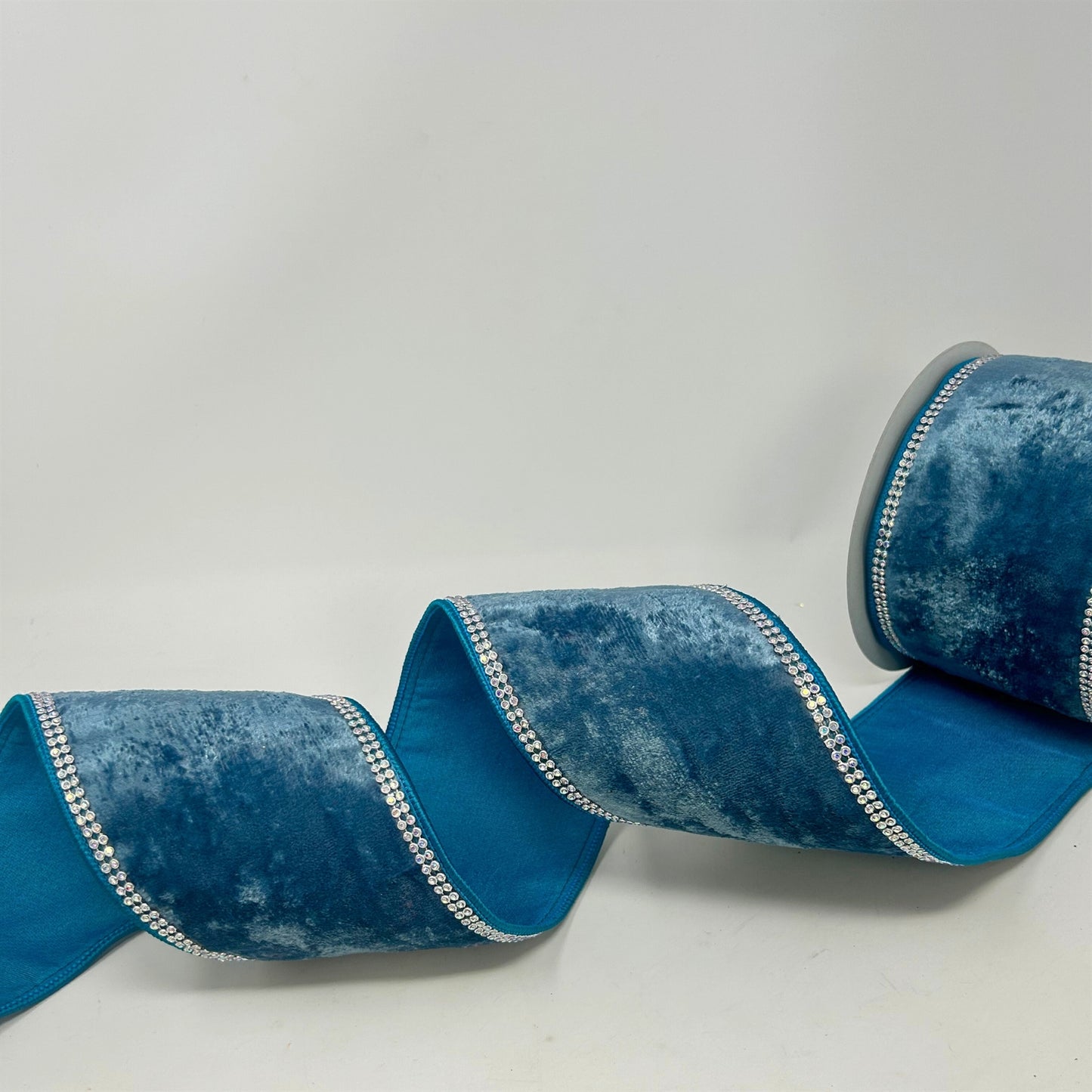 Tranquil Blue Velvet Ribbon with Rhinestone Trim 4” x 10yd | IR