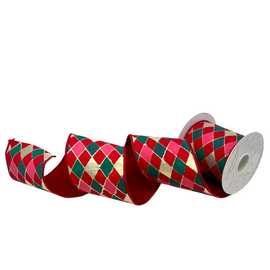 Green/Red/Pink/Gold Diamond Print on Red Faux Dupioni Ribbon 4” x 10yd | IR