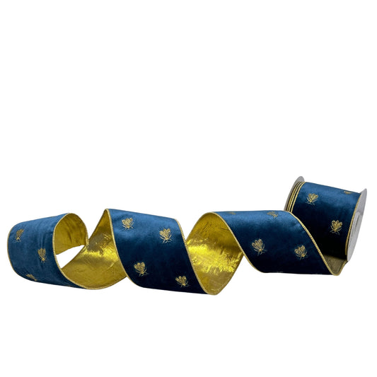 Gold Honey Bee Embroidery on Blue Velvet Ribbon 4"X 10YD | IR