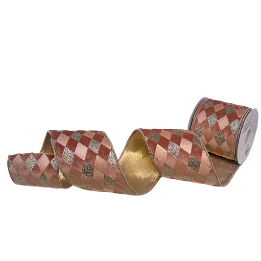 Champagne Diamond Glitter Print on Rose Pink Velvet Ribbon w/ lame back 4” x 10yd | IR
