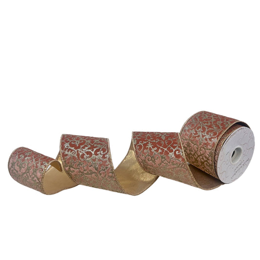 Champagne Glitter Scroll Design on Rose Pink Velvet w/ Lame Back 4" x 10yd | IR