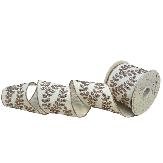 Rose Gold Jeweled Leaf Design on White Faux Dupioni Ribbon 4” x 5yd | IR